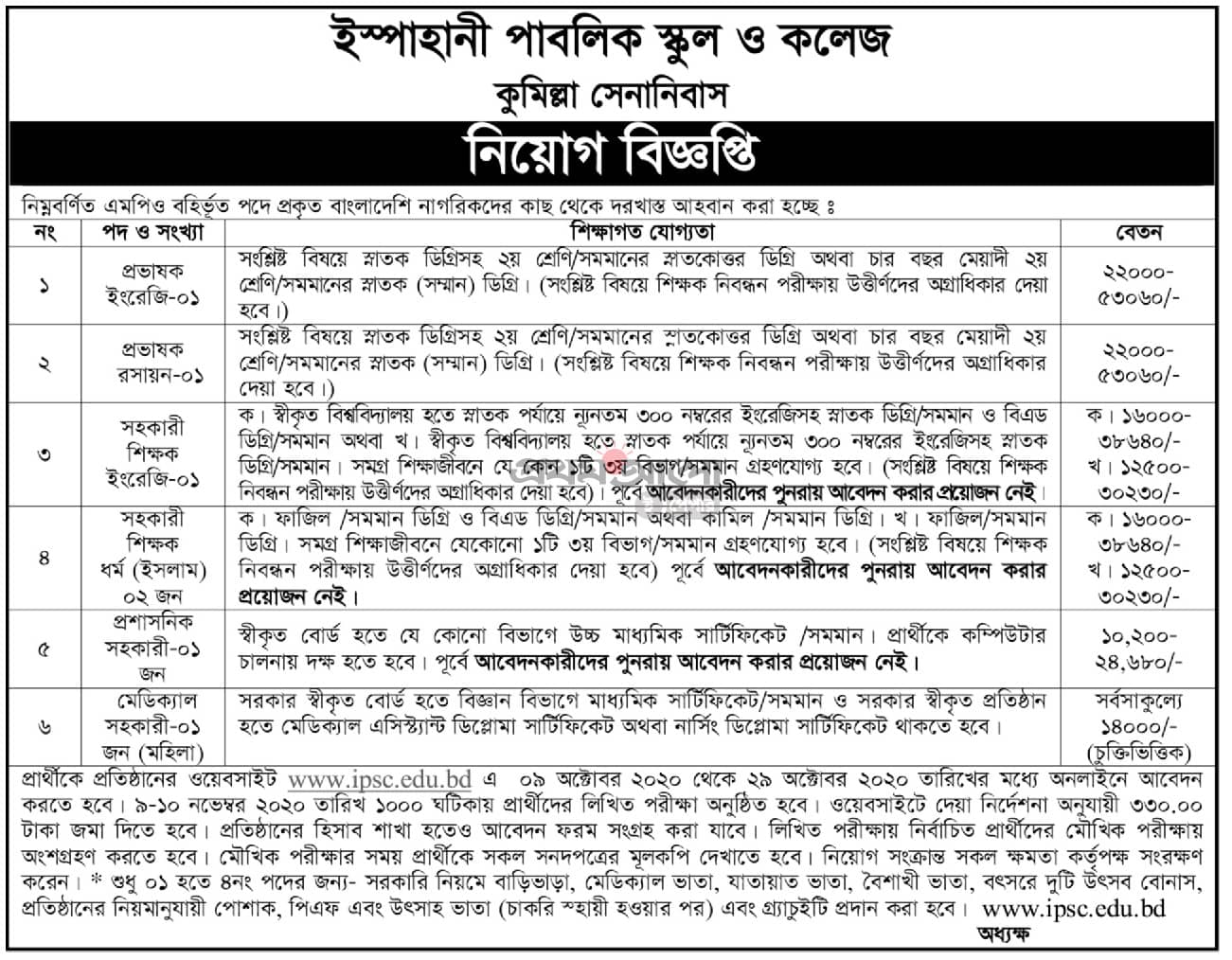 College job in Ispahani Public School and College in Cumilla